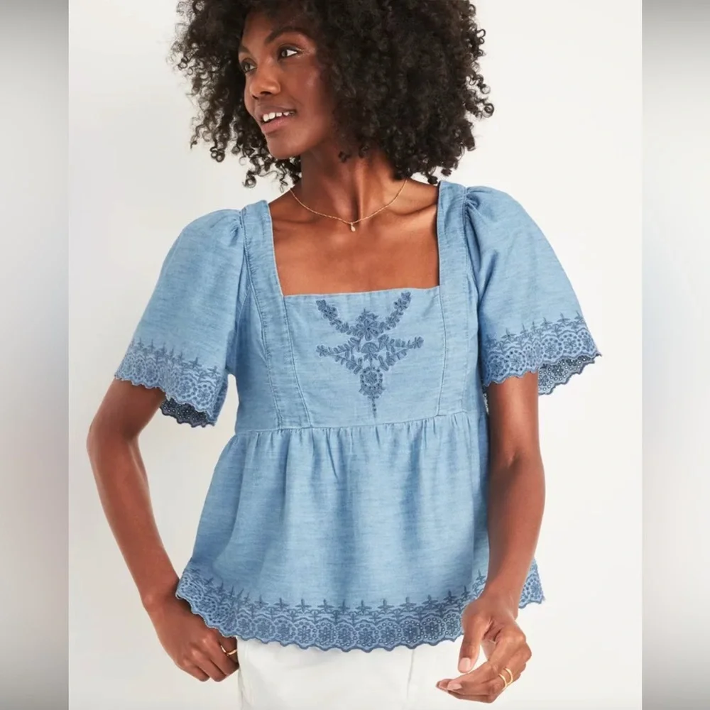 Blue Embroidered Square-Neck Puff Sleeve Top